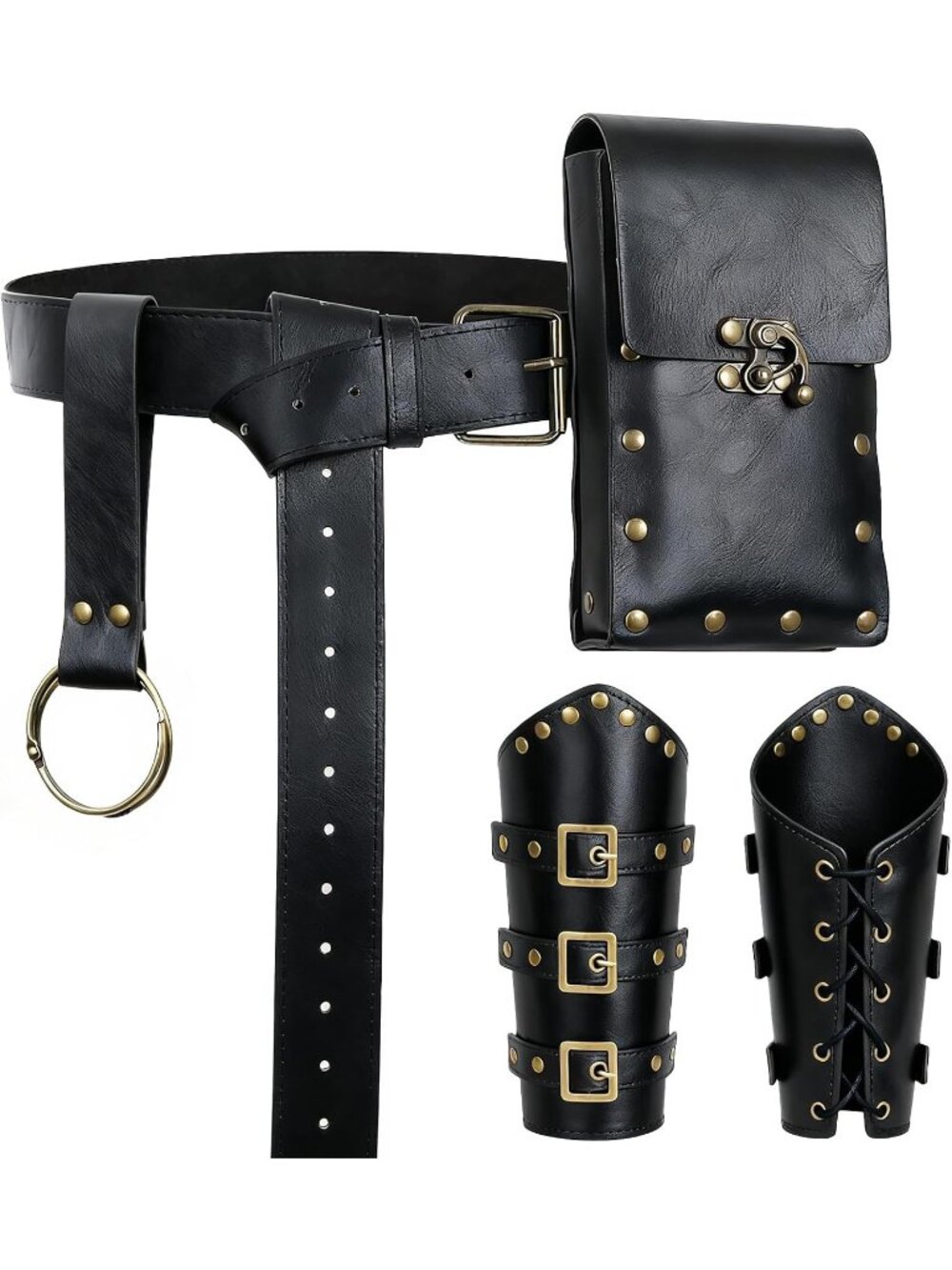 Renaissance Black A Belt Pouch Set Studded Bracers, Belt Pouch & Drawstring Bag